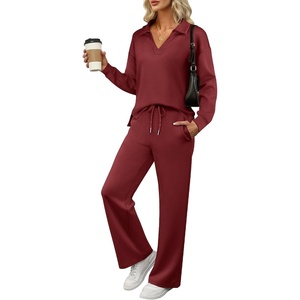 image:imageANRABESS Womens 2 Piece Outfits Matching Lounge Sweat Sets  Polo Sweatshirts amp Wide Leg Pants Airport Travel Outfit Soft Comfy 2026 Fall Winter Athletic ClothingWine Red