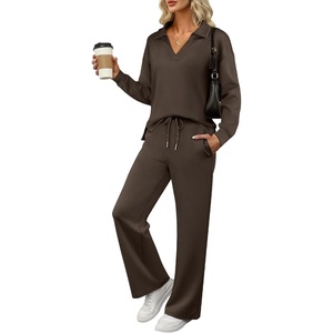 image:imageANRABESS Womens 2 Piece Outfits Matching Lounge Sweat Sets  Polo Sweatshirts amp Wide Leg Pants Airport Travel Outfit Soft Comfy 2026 Fall Winter Athletic ClothingCoffee