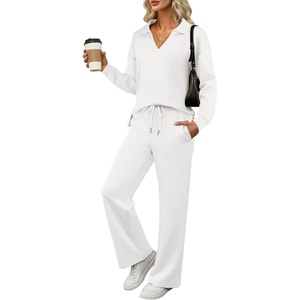 image:imageANRABESS Womens 2 Piece Outfits Matching Lounge Sweat Sets  Polo Sweatshirts amp Wide Leg Pants Airport Travel Outfit Soft Comfy 2026 Fall Winter Athletic ClothingWhite
