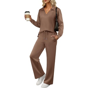 image:imageANRABESS Womens 2 Piece Outfits Matching Lounge Sweat Sets  Polo Sweatshirts amp Wide Leg Pants Airport Travel Outfit Soft Comfy 2026 Fall Winter Athletic ClothingCamel