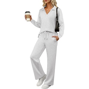 image:imageANRABESS Womens 2 Piece Outfits Matching Lounge Sweat Sets  Polo Sweatshirts amp Wide Leg Pants Airport Travel Outfit Soft Comfy 2026 Fall Winter Athletic ClothingLight Grey