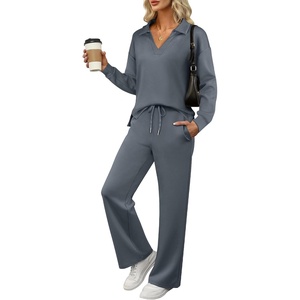 image:imageANRABESS Womens 2 Piece Outfits Matching Lounge Sweat Sets  Polo Sweatshirts amp Wide Leg Pants Airport Travel Outfit Soft Comfy 2026 Fall Winter Athletic ClothingLeaden