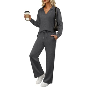 image:imageANRABESS Womens 2 Piece Outfits Matching Lounge Sweat Sets  Polo Sweatshirts amp Wide Leg Pants Airport Travel Outfit Soft Comfy 2026 Fall Winter Athletic ClothingDark Grey
