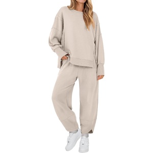 image:imageANRABESS Womens 2 Piece Outfits Sweatsuits Oversized Sweatshirts Barrel Pants Matching Lounge Sets 2026 Fall Travel ClothesAlmond