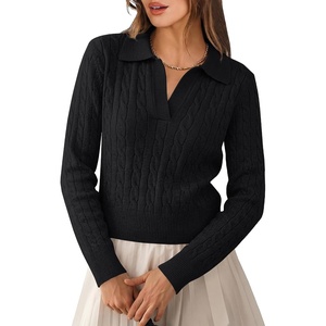 image:imageANRABESS Womens Cable Knit Sweaters Long Sleeve Cropped  V Neck Collared Pullover Sweater Top Polo Knit Shirt Business Casual Work Clothes Daily Wear Fashion Fall Winter OutfitsBlack