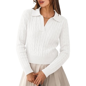 image:imageANRABESS Womens Cable Knit Sweaters Long Sleeve Cropped  V Neck Collared Pullover Sweater Top Polo Knit Shirt Business Casual Work Clothes Daily Wear Fashion Fall Winter OutfitsWhite