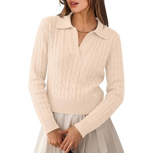 image:imageANRABESS Womens Cable Knit Sweaters Long Sleeve Cropped  V Neck Collared Pullover Sweater Top Polo Knit Shirt Business Casual Work Clothes Daily Wear Fashion Fall Winter OutfitsParchment