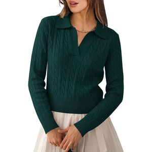 image:imageANRABESS Womens Cable Knit Sweaters Long Sleeve Cropped  V Neck Collared Pullover Sweater Top Polo Knit Shirt Business Casual Work Clothes Daily Wear Fashion Fall Winter OutfitsDark Green
