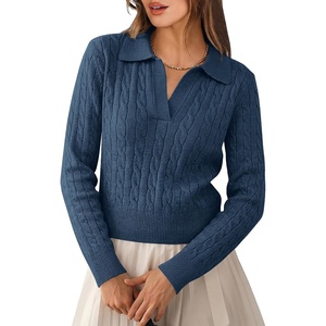 image:imageANRABESS Womens Cable Knit Sweaters Long Sleeve Cropped  V Neck Collared Pullover Sweater Top Polo Knit Shirt Business Casual Work Clothes Daily Wear Fashion Fall Winter OutfitsDeep Blue