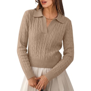 image:imageANRABESS Womens Cable Knit Sweaters Long Sleeve Cropped  V Neck Collared Pullover Sweater Top Polo Knit Shirt Business Casual Work Clothes Daily Wear Fashion Fall Winter OutfitsBright Tan