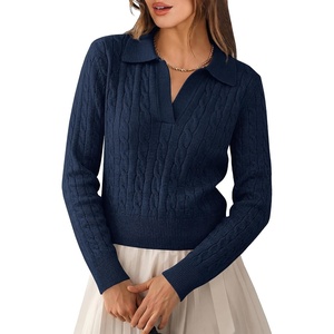 image:imageANRABESS Womens Cable Knit Sweaters Long Sleeve Cropped  V Neck Collared Pullover Sweater Top Polo Knit Shirt Business Casual Work Clothes Daily Wear Fashion Fall Winter OutfitsNavy Blue