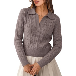 image:imageANRABESS Womens Cable Knit Sweaters Long Sleeve Cropped  V Neck Collared Pullover Sweater Top Polo Knit Shirt Business Casual Work Clothes Daily Wear Fashion Fall Winter OutfitsPink Apricot
