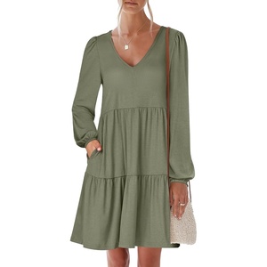 image:imageANRABESS Womens Long Sleeve Dress 2026 Fall Casual V Neck Tiered Flowy Short Dresses Beach Travel Vacation ClothesArmy Green