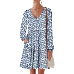 image:imageANRABESS Womens Long Sleeve Dress 2026 Fall Casual V Neck Tiered Flowy Short Dresses Beach Travel Vacation ClothesFloral Blue