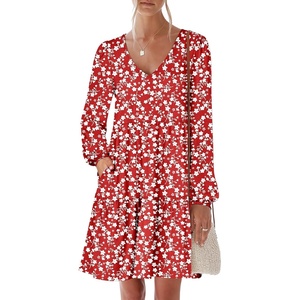 image:imageANRABESS Womens Long Sleeve Dress 2026 Fall Casual V Neck Tiered Flowy Short Dresses Beach Travel Vacation ClothesFloral Red