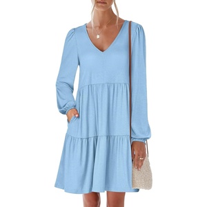 image:imageANRABESS Womens Long Sleeve Dress 2026 Fall Casual V Neck Tiered Flowy Short Dresses Beach Travel Vacation ClothesLight Blue