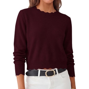 image:imageANRABESS Womens Long Sleeve Scalloped Cropped Sweaters  Lightweight Soft Comfy Ribbed KnitDressy Casual Pullover TopsBusiness Work OfficeTravel Vacation WearFall Winter ClothesDrak Red