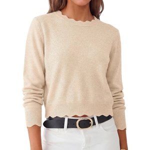 image:imageANRABESS Womens Long Sleeve Scalloped Cropped Sweaters  Lightweight Soft Comfy Ribbed KnitDressy Casual Pullover TopsBusiness Work OfficeTravel Vacation WearFall Winter ClothesAlmond