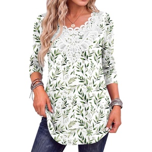 image:imageANRABESS Womens Long Sleeve Shirts Lace Tunic Tops  Scalloped V Neck Floral Print Blouses Soft Regular Fit Business Office Travel Outfits Dressy Casual Fall amp WinterWhite Green Leaf