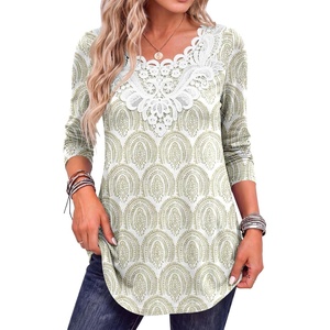 image:imageANRABESS Womens Long Sleeve Shirts Lace Tunic Tops  Scalloped V Neck Floral Print Blouses Soft Regular Fit Business Office Travel Outfits Dressy Casual Fall amp WinterWhite Khaki Floral