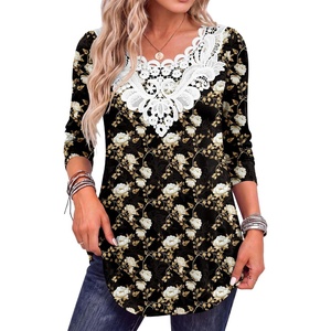 image:imageANRABESS Womens Long Sleeve Shirts Lace Tunic Tops  Scalloped V Neck Floral Print Blouses Soft Regular Fit Business Office Travel Outfits Dressy Casual Fall amp WinterBlack White Floral