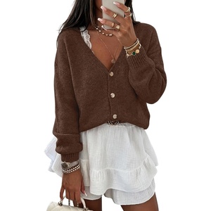 image:imageANRABESS Womens Oversized Crop Cardigan Chunky Knit Sweater  Button Down Open Front V Neck Long Sleeve Sweaters Cozy Soft Dropshoulder fit 2026 Fall Winter Work Vacation OutfitsCoffee