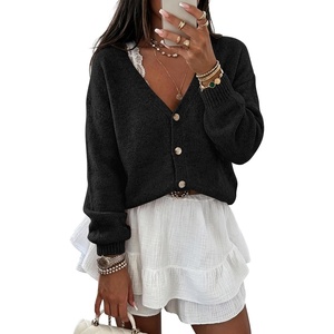 image:imageANRABESS Womens Oversized Crop Cardigan Chunky Knit Sweater  Button Down Open Front V Neck Long Sleeve Sweaters Cozy Soft Dropshoulder fit 2026 Fall Winter Work Vacation OutfitsBlack