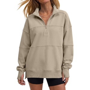 image:imageANRABESS Womens Quarter Zip Sweatshirt Oversized Hoodies  Soft Cozy Fleece Mock Neck Pullover with Side Pockets Drop Shoulder SlouchyY2K Color Block Casual LoungewearFall FashionLight Khaki