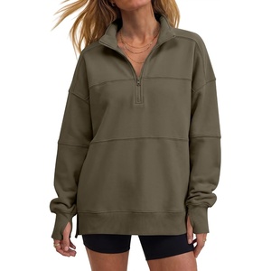 image:imageANRABESS Womens Quarter Zip Sweatshirt Oversized Hoodies  Soft Cozy Fleece Mock Neck Pullover with Side Pockets Drop Shoulder SlouchyY2K Color Block Casual LoungewearFall FashionCoffee