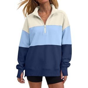 image:imageANRABESS Womens Quarter Zip Sweatshirt Oversized Hoodies  Soft Cozy Fleece Mock Neck Pullover with Side Pockets Drop Shoulder SlouchyY2K Color Block Casual LoungewearFall FashionApricot Sky Navy Blue