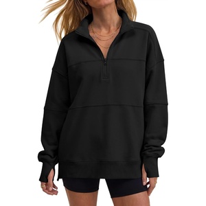 image:imageANRABESS Womens Quarter Zip Sweatshirt Oversized Hoodies  Soft Cozy Fleece Mock Neck Pullover with Side Pockets Drop Shoulder SlouchyY2K Color Block Casual LoungewearFall FashionBlack