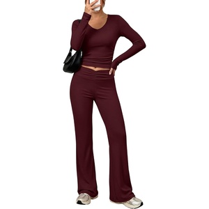 image:imageANRABESS Womens V Neck 2 Piece Lounge Matching Sets  Long Sleeve Ruched Top with High Waist Flared Pants Stretchy Breathable Yoga Workout Casual Outfits Fall Winter ClothingDeep Red