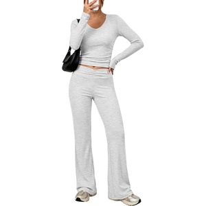 image:imageANRABESS Womens V Neck 2 Piece Lounge Matching Sets  Long Sleeve Ruched Top with High Waist Flared Pants Stretchy Breathable Yoga Workout Casual Outfits Fall Winter ClothingLight Grey