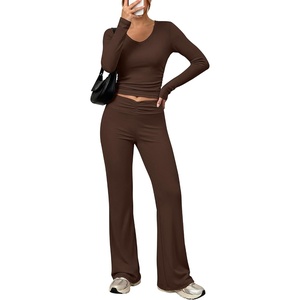 image:imageANRABESS Womens V Neck 2 Piece Lounge Matching Sets  Long Sleeve Ruched Top with High Waist Flared Pants Stretchy Breathable Yoga Workout Casual Outfits Fall Winter ClothingDark Brown