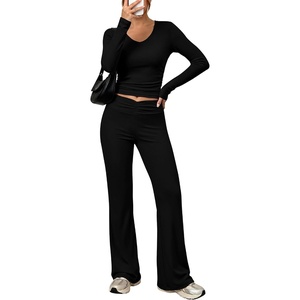 image:imageANRABESS Womens V Neck 2 Piece Lounge Matching Sets  Long Sleeve Ruched Top with High Waist Flared Pants Stretchy Breathable Yoga Workout Casual Outfits Fall Winter ClothingBlack