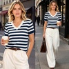 image:imageANRABESS Short Sleeve Sweaters for Women Wool Blend V Neck Sweater Shirts Business Casual Work Tops 2026 Summer OutfitsStriped Blue