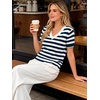 image:imageANRABESS Short Sleeve Sweaters for Women Wool Blend V Neck Sweater Shirts Business Casual Work Tops 2026 Summer OutfitsStriped Blue