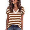 image:imageANRABESS Short Sleeve Sweaters for Women Wool Blend V Neck Sweater Shirts Business Casual Work Tops 2026 Summer OutfitsStriped Caramel