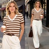 image:imageANRABESS Short Sleeve Sweaters for Women Wool Blend V Neck Sweater Shirts Business Casual Work Tops 2026 Summer OutfitsStriped Caramel