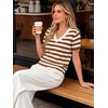 image:imageANRABESS Short Sleeve Sweaters for Women Wool Blend V Neck Sweater Shirts Business Casual Work Tops 2026 Summer OutfitsStriped Caramel