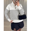 image:imageANRABESS Womens Long Sleeve Knit Shirts Henley Sweater  Turtle Neck Button Placket Soft Pullover Top Loose Fit Trendy Business Casual Work WearFall Fashion Winter ClothingWhite Black Stripe