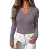 image:imageANRABESS Womens Long Sleeve Cable Knit Cropped Sweater  V Neck Slim Fit Pullover Tops Soft Cozy Comfort Warm Business Casual Outfits Work OfficeampBasic Wear Fall Winter ClothingNutmeg
