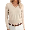 image:imageANRABESS Womens Long Sleeve Cropped Pullover Sweaters  V Neck Scalloped Lightweight Sweater Tops Soft Comfy Business Casual Work Travel Vacation Fall Winter Layer ClothingAlmond