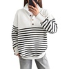 image:imageANRABESS Womens Long Sleeve Knit Shirts Henley Sweater  Turtle Neck Button Placket Soft Pullover Top Loose Fit Trendy Business Casual Work WearFall Fashion Winter ClothingWhite Black Stripe