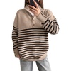 image:imageANRABESS Womens Long Sleeve Knit Shirts Henley Sweater  Turtle Neck Button Placket Soft Pullover Top Loose Fit Trendy Business Casual Work WearFall Fashion Winter ClothingTan Black Stripe