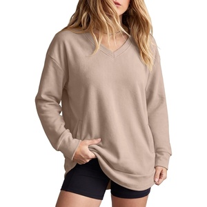image:imageANRABESS Long Sleeve Shirts for Women Fall V Neck Sweatshirts  Lightweight Fleece Pullover with PocketsCurved Hem TunicLoose Casual Top for Work amp Everyday WearAlmond