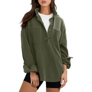 image:imageANRABESS Sweatshirt for Women Oversized Casual Long Sleeve Side Slit Button Lapel Polo Pullover Tunic Tops 2026 Fall OutfitsArmy Green
