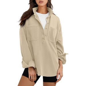 image:imageANRABESS Sweatshirt for Women Oversized Casual Long Sleeve Side Slit Button Lapel Polo Pullover Tunic Tops 2026 Fall OutfitsKhaki