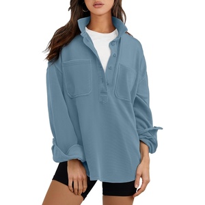 image:imageANRABESS Sweatshirt for Women Oversized Casual Long Sleeve Side Slit Button Lapel Polo Pullover Tunic Tops 2026 Fall OutfitsLight Blue
