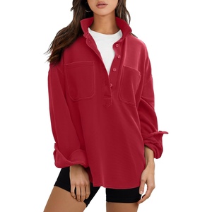 image:imageANRABESS Sweatshirt for Women Oversized Casual Long Sleeve Side Slit Button Lapel Polo Pullover Tunic Tops 2026 Fall OutfitsRed